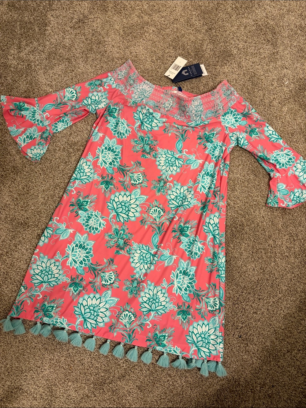 New Cabana Life Coral and Teal Floral Off-Shoulder Midi Dress with Tassel Hem
